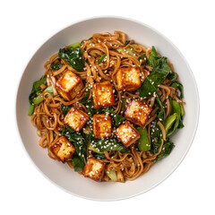Delicious Stir-Fried Noodles with Tofu and Greens in a Bowl, Perfect for a Healthy Meal on transparent background
