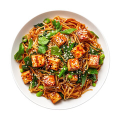 Delicious stir-fried noodles with tofu and vegetables, garnished with sesame seeds, served in a white bowl for a wholesome meal. on transparent background