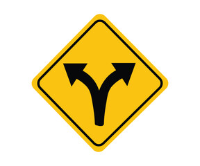 Yellow fork road sign icon traffic warning symbol vector illustration