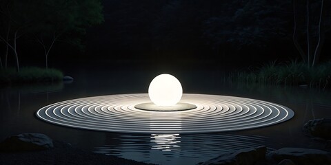 Glowing orb on a circular platform in dark water at night.