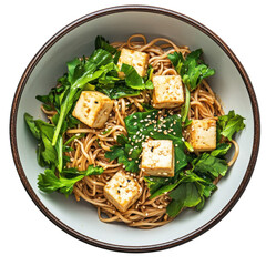 Delicious Tofu Noodle Bowl with Fresh Greens and Sesame Seeds for a Healthy Meal on transparent background