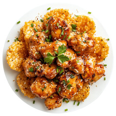 Delicious Honey Garlic Chicken Served on Crispy Rice Cakes with Fresh Herbs and Sesame Seeds on transparent background