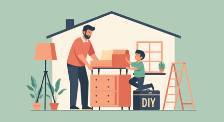 Father and Son Moving Furniture Together in Their New Home
