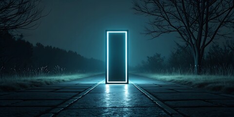 Glowing blue portal on a wet, dark road at night.