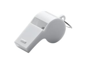 White plastic whistle, angled view, on a solid black background