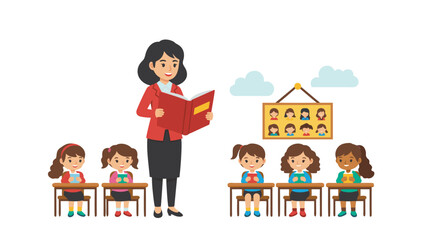 Teacher Reading to Students in Classroom with Student Portraits and Clouds