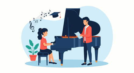 Young Pianist Receiving Instruction with Musical Notes and Graduation Cap