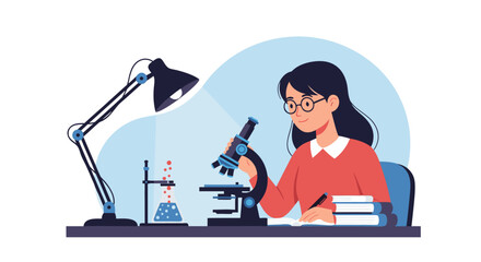 Young Scientist Examining Sample with Microscope and Taking Notes at Desk