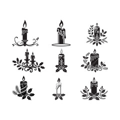 Black Gothic Holiday Candle & Holly Silhouette Illustration.