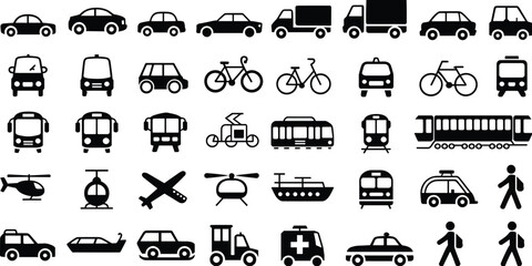 Transportation vehicle icons collection, car bus train bike airplane ship helicopter symbols, public and private transport silhouettes, traffic and travel illustration, commute concept.