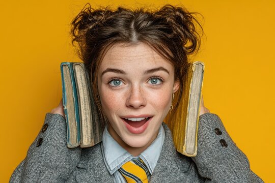 Excited young student holding books against a vibrant yellow background