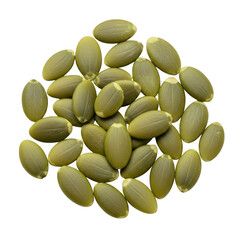 A pile of raw, green pumpkin seeds, also known as pepitas, isolated on a clean transparent background