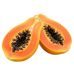 Two halves of a ripe papaya, revealing its vibrant orange flesh and numerous black seeds, isolated on a transparent background