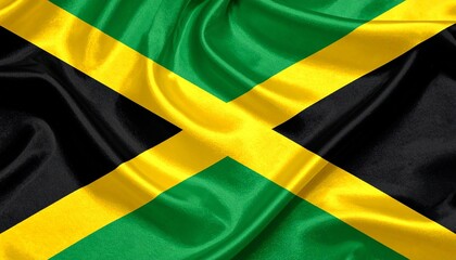 Jamaica flag with gold diagonal cross dividing green and black triangles.