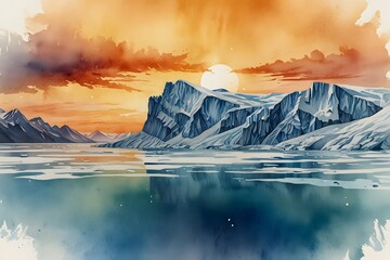 A glacier melting under the warmth of the sun shows the effects of climate change. The image captures the rapid decline of icy landscapes.