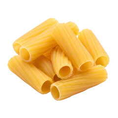 A pile of uncooked rigatoni pasta tubes, showcasing their ridged texture and hollow centers, isolated on a transparent background