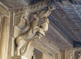 Stone carving depicting a mythological elephant head relief embedded inside Gwalior fort. Gwalior Qila, Madhya Pradesh, India.