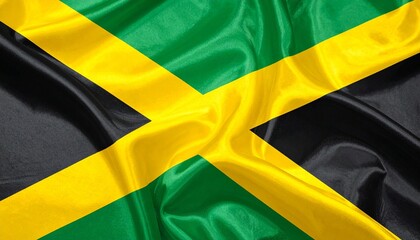 Jamaica flag with gold diagonal cross dividing green and black triangles.