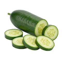 A fresh green cucumber, sliced into rounds revealing its seeds, isolated on a transparent background