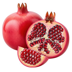 A vibrant red pomegranate, split open to show juicy arils, with a slice and whole fruit, isolated isolated on transparent background