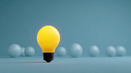 Single yellow light bulb stands out against a serene blue background with soft focus spheres in the background, symbolizing creativity and innovation in design and inspiration.