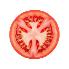 A vibrant crosssection of a ripe red tomato, showcasing its juicy interior and seeds, isolated on a transparent background