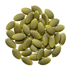 A pile of nutritious green pumpkin seeds, also known as pepitas, presented on a clean transparent background