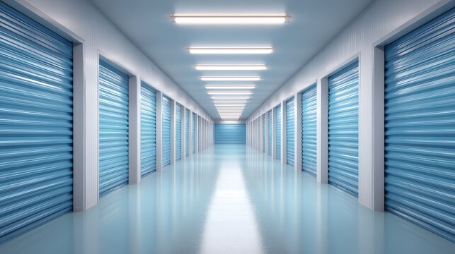 Modern and Clean Storage Facility Aisle with Blue Roll-Up Doors and Bright Fluorescent Lighting for Secure Space Solutions and Organization Needs