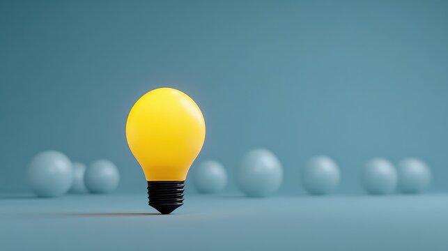 Single yellow light bulb stands out against a serene blue background with soft focus spheres in the background, symbolizing creativity and innovation in design and inspiration.