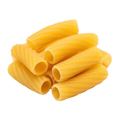 A pile of uncooked rigatoni pasta tubes with distinctive ridges, isolated on a transparent background