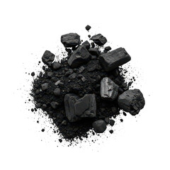 A pile of black charcoal lumps and powder, isolated on a transparent background