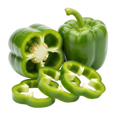 Two green bell peppers, one whole and one sliced, with pepper rings, isolated on white isolated on transparent background