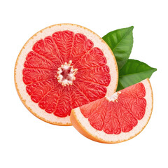 A half grapefruit and a slice with green leaves, isolated on a transparent background