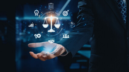 Futuristic digital law interface displaying justice scale, highlighting digital law, AI compliance,...