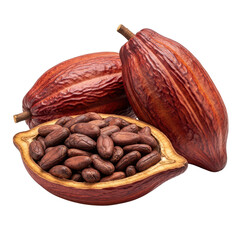 Three rich brown cacao pods, one split open to reveal a pile of fresh cocoa beans, isolated on a transparent background
