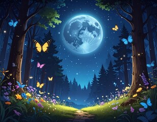 Enchanting forest scene with glowing moon and butterflies