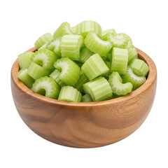 A wooden bowl filled with freshly chopped celery stalks isolated on a transparent background