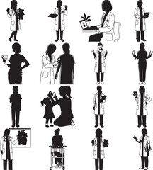 Silhouette illustrations of diverse doctors and medical professionals in various healthcare settings and patient interactions vector graphics