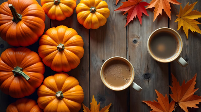 Cozy Autumn Vibe: Warm Coffee Cups, Pumpkins, and Maple Leaves on a Rustic Wooden Table