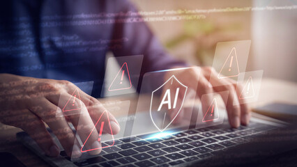 Safety concept, AI shield, warning sign and check mark, safety measures in artificial intelligence...