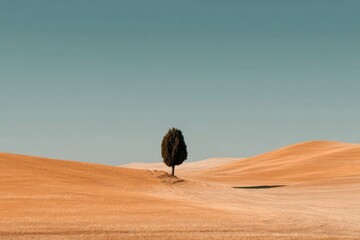 Lone cypress tree on smooth golden hills under clear sky