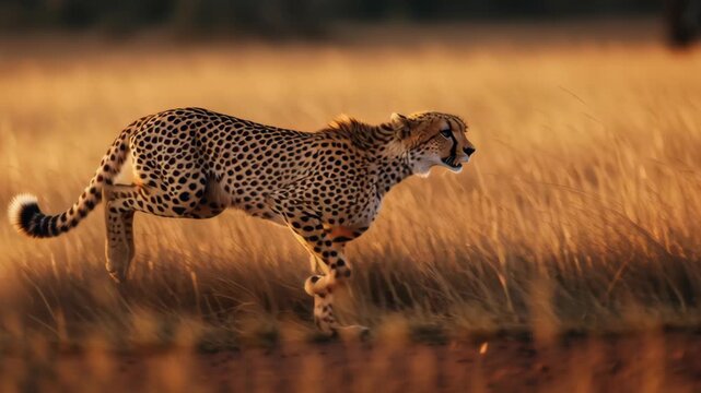 A cheetah is running through tall grass. The grass is brown and dry. The cheetah is in the middle of the field. A cheetah sprinting across the grasslands embodying agility