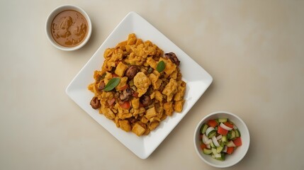  Sri Lankan koththu served with colorful side dishes, dhal, coconut sambol, papadam, and spicy chicken curry, authentic South Asian cuisine, vibrant tropical food 