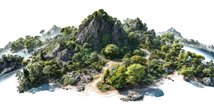 Lush island landscape with rocky terrain and winding paths. Aerial view - Powered by Adobe