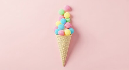 Minimal pastel food art &mdash; ice cream cone filled with vibrant gummy candies on pink background