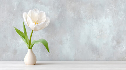 White tulip in ceramic vase against light wall background