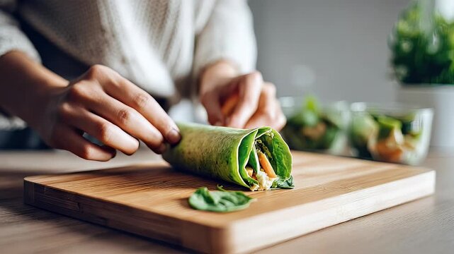 Hands preparing fresh green wrap on wooden board