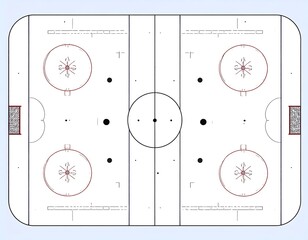 Overhead view of an ice hockey rink with markings and circles