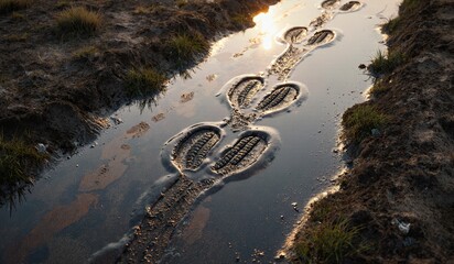 Crocodile tracks in muddy water at sunset