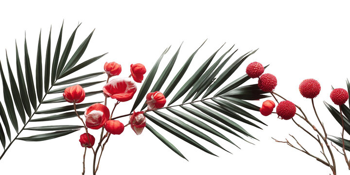 Tropical floral arrangement with red berries and palm fronds
